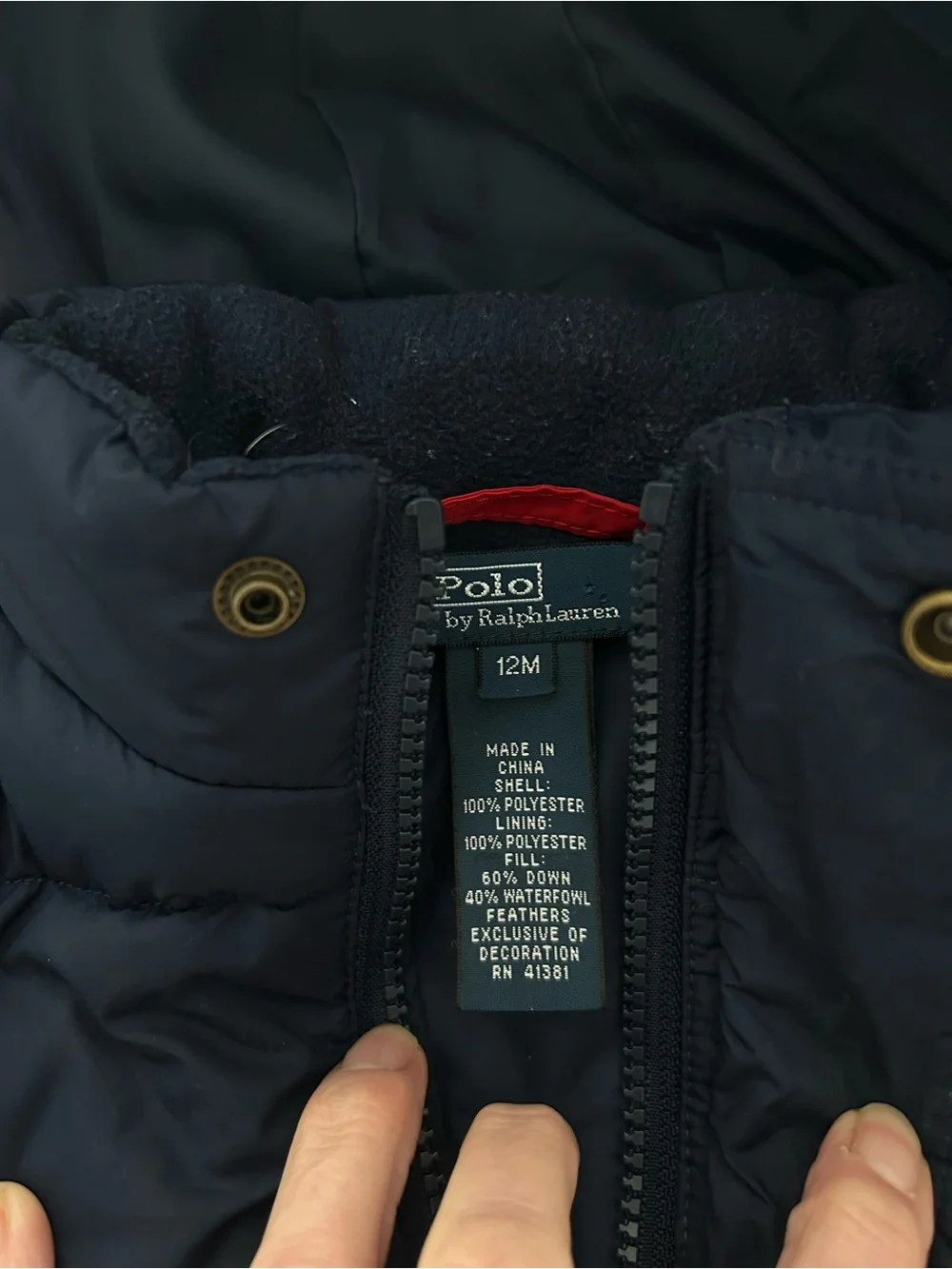 12M Polo Ralph Lauren Navy Puffer Jacket with Red Pony detachable hood EUC